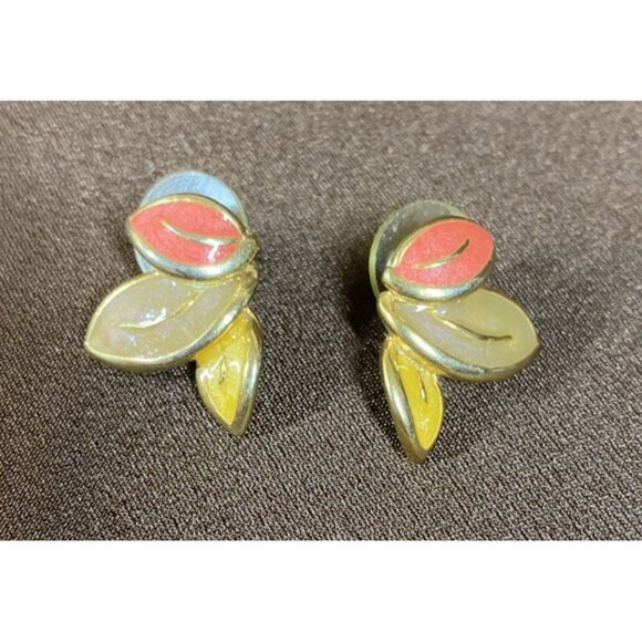 Autumn Enamel & Gold-Tone Leaf Earrings Tear Drop Stud Orange Tan Yellow 1" USA - Picture 1 of 4